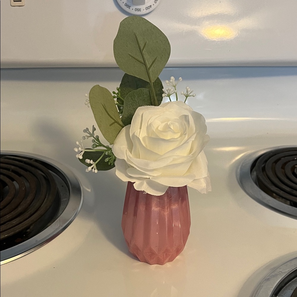 Elegant White Rose Faux Floral Arrangement in Pink Vase